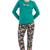 Pijamale dama Vienetta Many Flowers, bumbac, verde, bluza uni cu maneci lungi si pantaloni lungi inflorati, verde