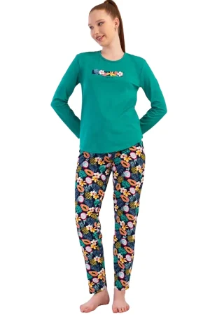 Pijamale dama Vienetta Many Flowers, bumbac, verde, bluza uni cu maneci lungi si pantaloni lungi inflorati, verde