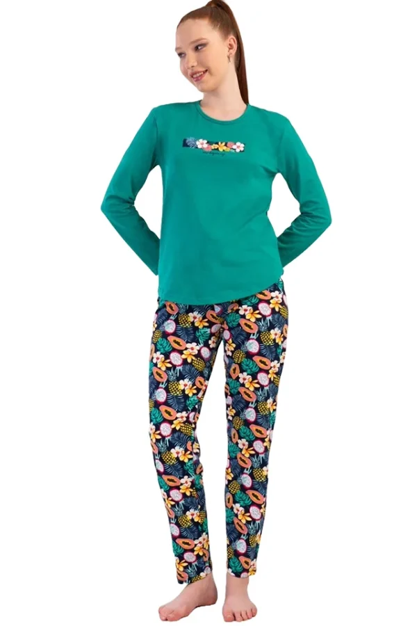 Pijamale dama Vienetta Many Flowers, bumbac, verde, bluza uni cu maneci lungi si pantaloni lungi inflorati, verde