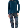 Pijamale dama Vienetta Azura, bumbac, bluza uni cu maneci lungi si pantaloni lungi cu imprimeu, albastru