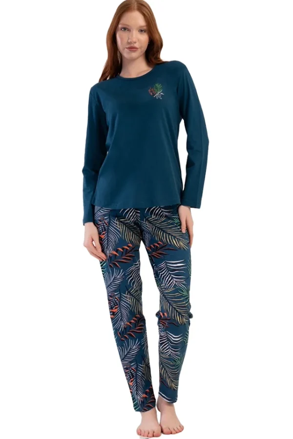 Pijamale dama Vienetta Azura, bumbac, bluza uni cu maneci lungi si pantaloni lungi cu imprimeu, albastru