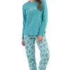 Pijamale dama Vienetta Clear turquoise, bumbac, bluza uni cu maneci lungi si pantaloni lungi cu imprimeu, turcoaz