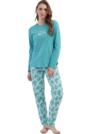 Pijamale dama Vienetta Clear turquoise, bumbac, bluza uni cu maneci lungi si pantaloni lungi cu imprimeu, turcoaz