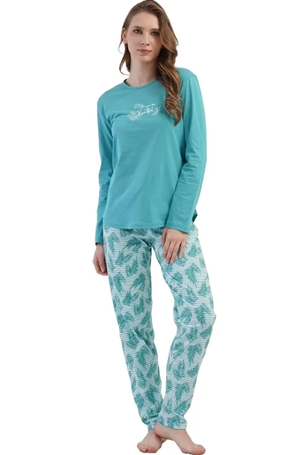 Pijamale dama Vienetta Clear turquoise, bumbac, bluza uni cu maneci lungi si pantaloni lungi cu imprimeu, turcoaz