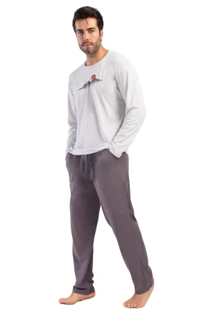 Pijamale barbati Vienetta Man Full Moon, bumbac 100%, maneci lungi, pantaloni lungi, model uni, gri