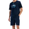 Pijamale barbati Vienetta Man, Maldives Beach, bumbac, buzunare laterale, snur elastic si ajustabil, bleumarin