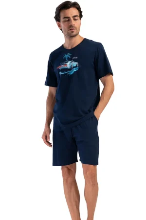 Pijamale barbati Vienetta Man, Maldives Beach, bumbac, buzunare laterale, snur elastic si ajustabil, bleumarin