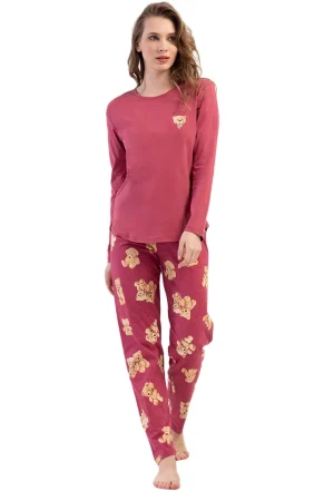 Pijamale dama, Vienetta, model Bear Dreams, 100% bumbac, uni, visiniu