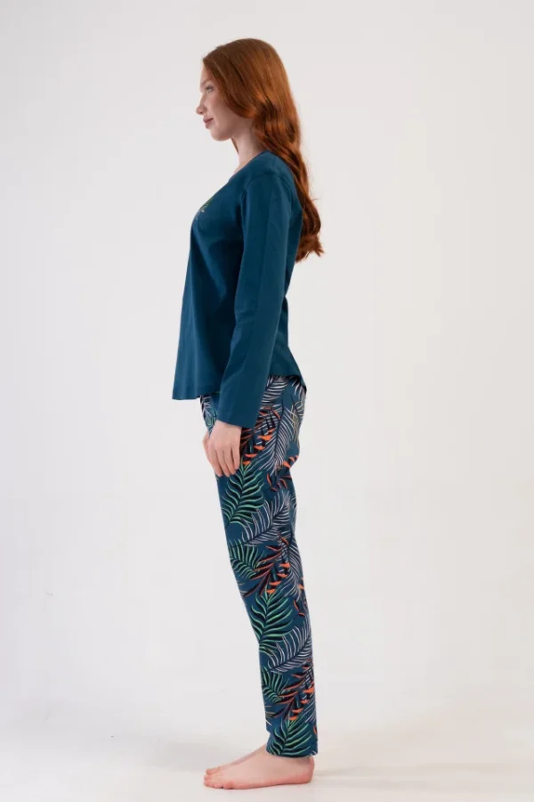 Pijamale dama Vienetta Azura, bumbac, bluza uni cu maneci lungi si pantaloni lungi cu imprimeu, albastru - imagine 2