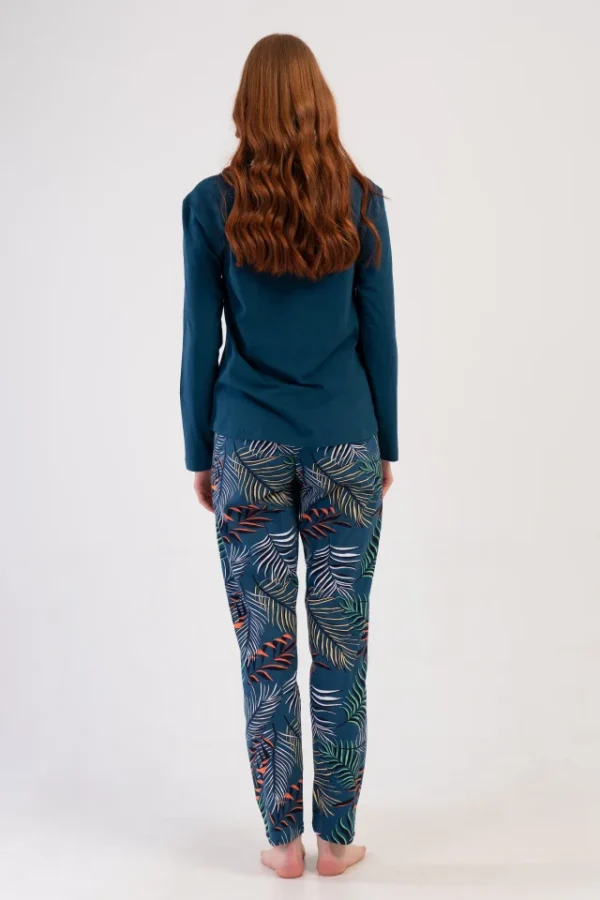 Pijamale dama Vienetta Azura, bumbac, bluza uni cu maneci lungi si pantaloni lungi cu imprimeu, albastru - imagine 3