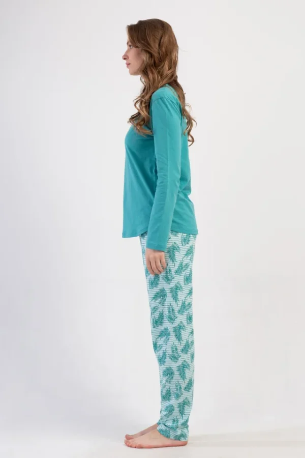 Pijamale dama Vienetta Clear turquoise, bumbac, bluza uni cu maneci lungi si pantaloni lungi cu imprimeu, turcoaz - imagine 4