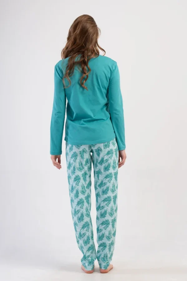 Pijamale dama Vienetta Clear turquoise, bumbac, bluza uni cu maneci lungi si pantaloni lungi cu imprimeu, turcoaz - imagine 2