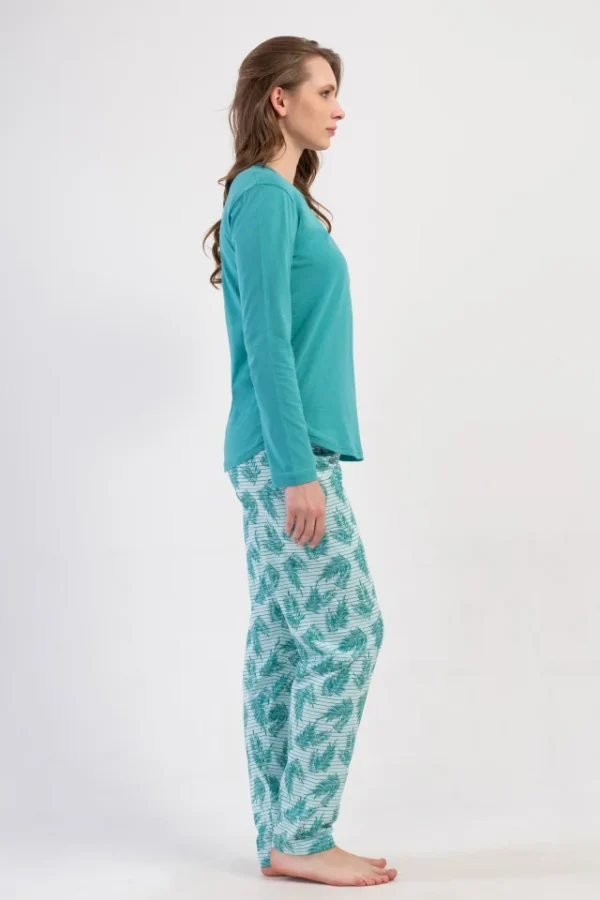Pijamale dama Vienetta Clear turquoise, bumbac, bluza uni cu maneci lungi si pantaloni lungi cu imprimeu, turcoaz - imagine 3