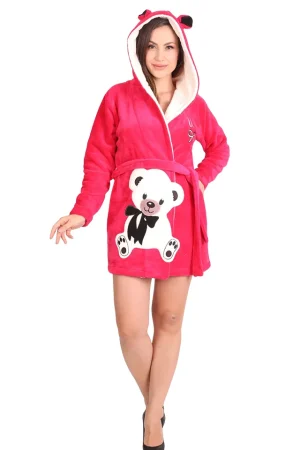 Halat dama cu ursulet, WildLove ciclam cocolino, cordon ajustabil, gluga, ciclam