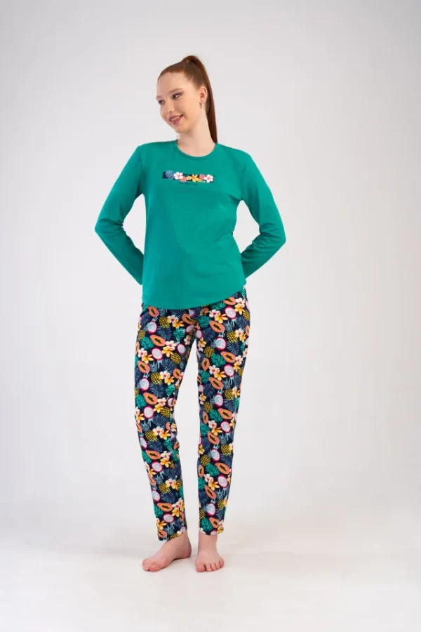 Pijamale dama Vienetta Many Flowers, bumbac, verde, bluza uni cu maneci lungi si pantaloni lungi inflorati, verde - imagine 3