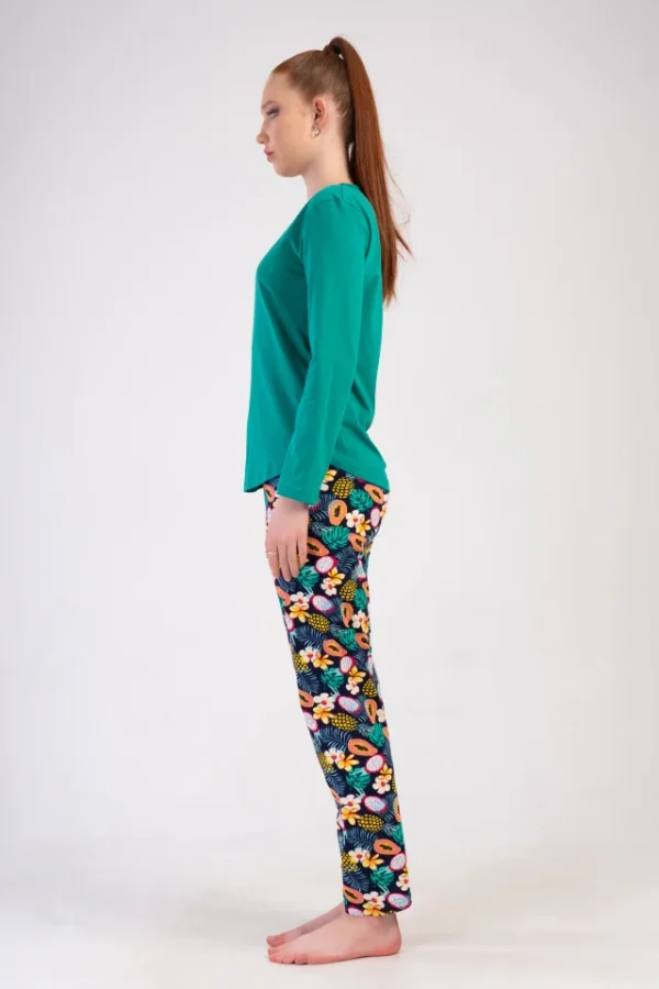 Pijamale dama Vienetta Many Flowers, bumbac, verde, bluza uni cu maneci lungi si pantaloni lungi inflorati, verde - imagine 4