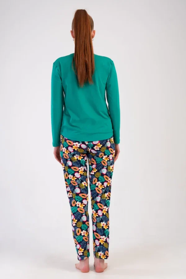 Pijamale dama Vienetta Many Flowers, bumbac, verde, bluza uni cu maneci lungi si pantaloni lungi inflorati, verde - imagine 2