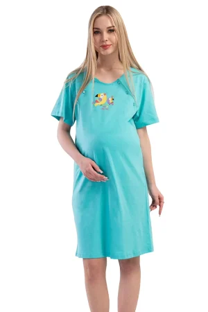 Camasa pentru alaptat, Vienetta, model Heavenly Nest-Little One, pentru mamici, bumbac, orificii laterale pentru alaptat incheiate cu nasturi, albastru turcoaz
