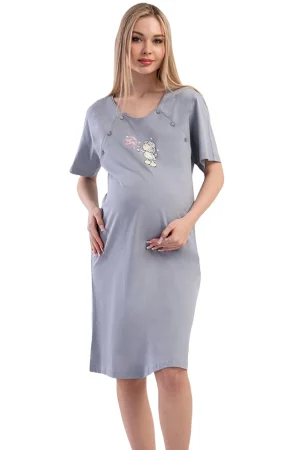 Camasa pentru alaptat, Vienetta, model Heavenly Nest-Mother Sheep, pentru mamici, bumbac, orificii laterale pentru alaptat incheiate cu nasturi, gri