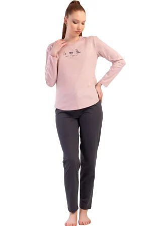 Pijamale dama, Vienetta, model Love and pamper, bumbac, uni, roz/gri