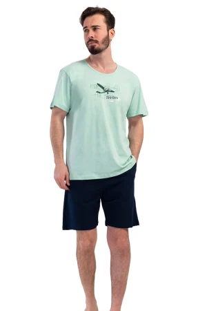 Pijamale barbati, Vienetta Man, model Max Flight Academy, bumbac, buzunare, verde aquamarin/bleumarin
