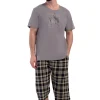 Pijamale barbati, Vienetta Man, model ClassicMan, pantaloni 3/4 si maneci scurte, bumbac, buzunare, gri/bej