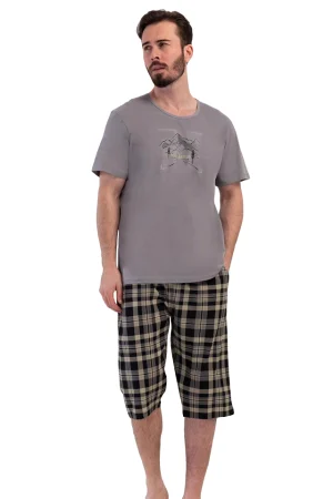 Pijamale barbati, Vienetta Man, model ClassicMan, pantaloni 3/4 si maneci scurte, bumbac, buzunare, gri/bej