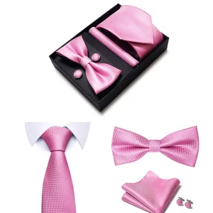 Set elegant 4 piese, MENZ®, model Class, cravata, papion, batista, butoni, roz
