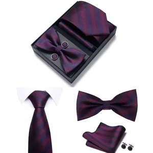 Set elegant 4 piese, MENZ®, model Class, cravata, papion, batista, butoni, visiniu/bleumarin inchis