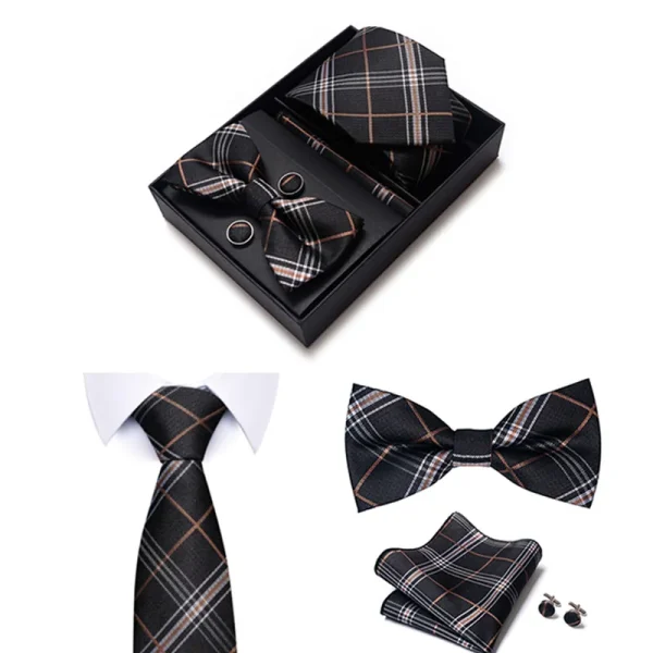 Set elegant 4 piese, MENZ®, model Class, cravata, papion, batista, butoni, negru/maro