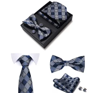 Set elegant 4 piese, MENZ®, model Class, cravata, papion, batista, butoni, bleumarin/gri deschis