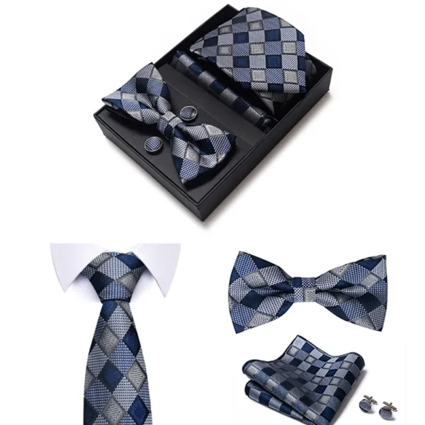 Set elegant 4 piese, MENZ®, model Class, cravata, papion, batista, butoni, bleumarin/gri deschis