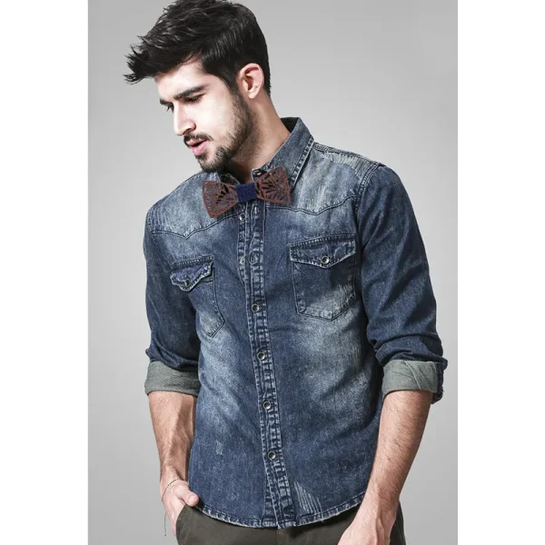 Set papion barbatesc elegant din lemn MENZ®, model Elegant Wood, cu batista galbena, butoni si brosa, intr-o cutie de lemn, cadoul ideal pentru nunta, aniversare sau ocazii speciale, alb/multicolor - imagine 2