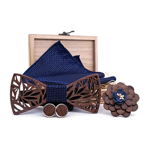 Set papion barbatesc elegant din lemn MENZ®, model Elegant Wood, cu batista galbena, butoni si brosa, intr-o cutie de lemn, cadoul ideal pentru nunta, aniversare sau ocazii speciale, bleumarin - imagine 8