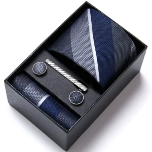 Set elegant 5 piese, MENZ®, model Charlone, cravata, ac cravatam, batista, butoni, bleumarin/albastru deschis
