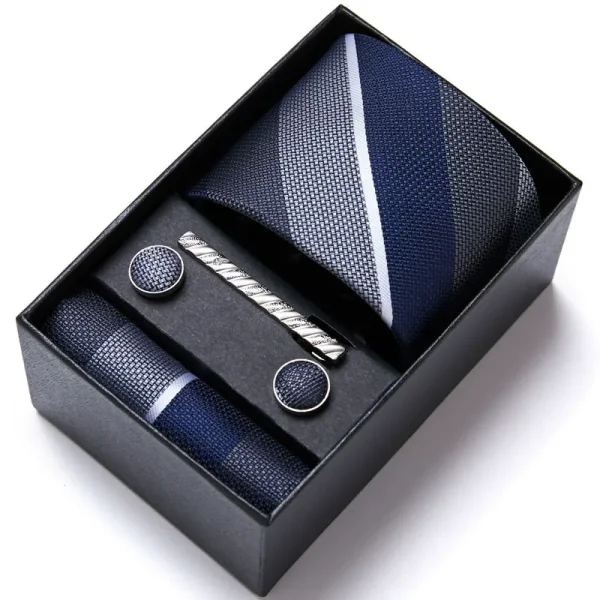 Set elegant 5 piese, MENZ®, model Charlone, cravata, ac cravatam, batista, butoni, bleumarin/albastru deschis