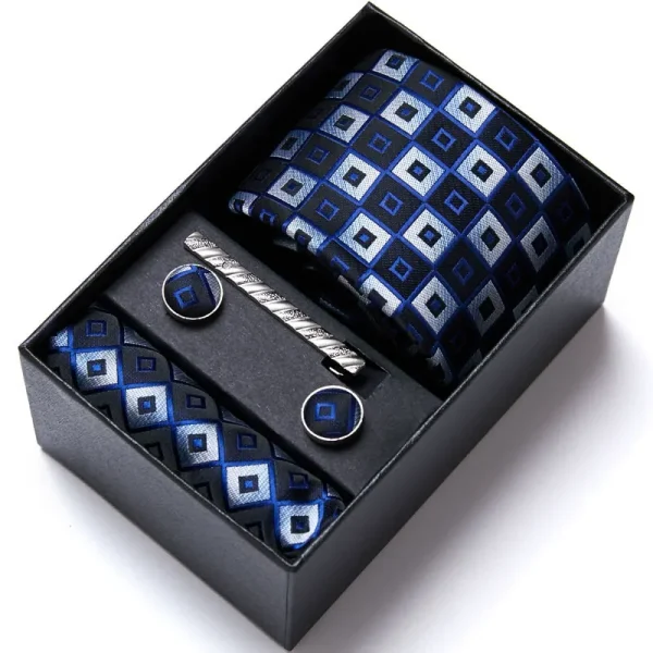 Set elegant 5 piese, MENZ®, model Charlone, cravata, ac cravatam, batista, butoni, bleumarin inchis/albastru deschis