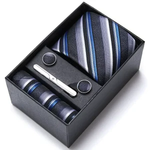 Set elegant 5 piese, MENZ®, model Charlone, cravata, ac cravatam, batista, butoni, negru/albastru