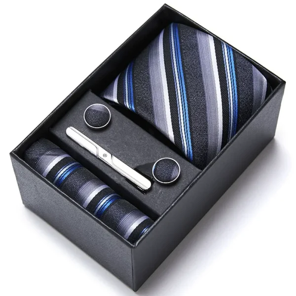 Set elegant 5 piese, MENZ®, model Charlone, cravata, ac cravatam, batista, butoni, negru/albastru