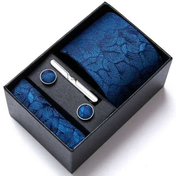 Set elegant 5 piese, MENZ®, model Charlone, cravata, ac cravatam, batista, butoni, Albastru aquamarin