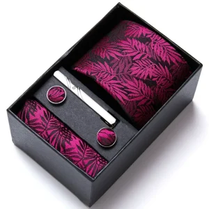 Set elegant 5 piese, MENZ®, model Charlone, cravata, ac cravatam, batista, butoni, Ciclam/Negru