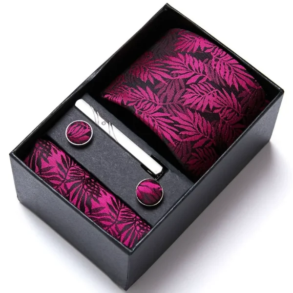 Set elegant 5 piese, MENZ®, model Charlone, cravata, ac cravatam, batista, butoni, Ciclam/Negru