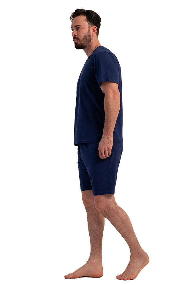 Pijamale barbati Vienetta Man, model Minimal Lounge, bluza maneca scurta si pantaloni scurti, bumbac, buzunare, bleumarin - imagine 3