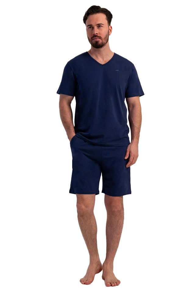 Pijamale barbati Vienetta Man, model Minimal Lounge, bluza maneca scurta si pantaloni scurti, bumbac, buzunare, bleumarin