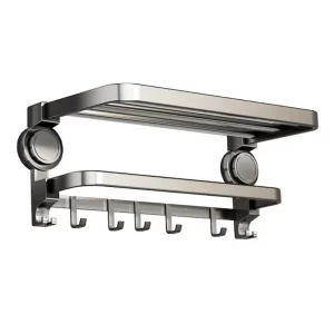 Suport prosoape baie MENZ®, model FoldRack 70, pliabil, 7 carlige si bara pentru agatare,  adeziv(inclus), aluminiu rezistent, organizator baie/bucatarie modern, gri, 70cm